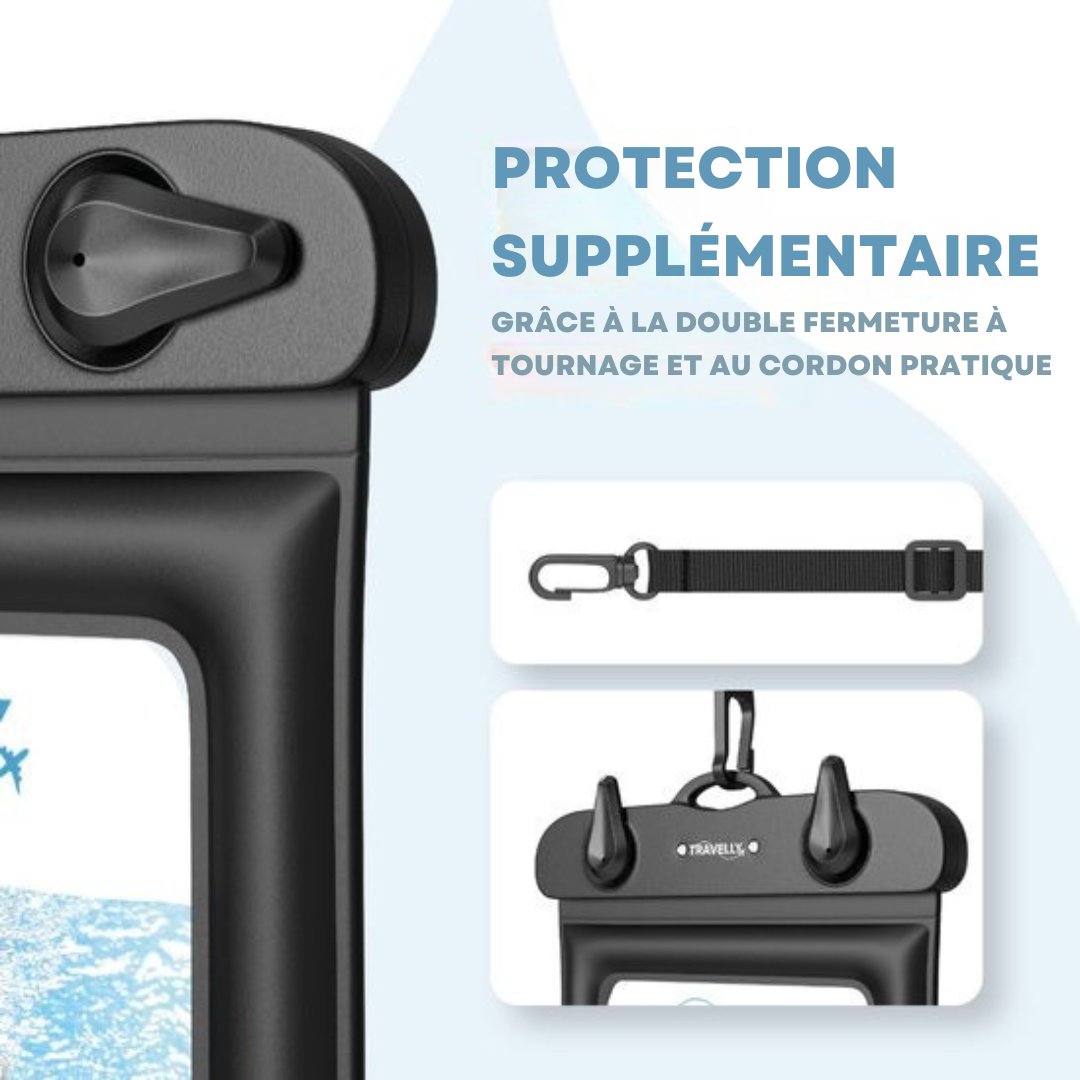 Étui étanche pour téléphone Travelly® - lot de 2 - Étui sous-marin universel pour smartphone - Convient à tous les téléphones - Pour les vacances, la natation et les sports nautiques - Noir/Noir