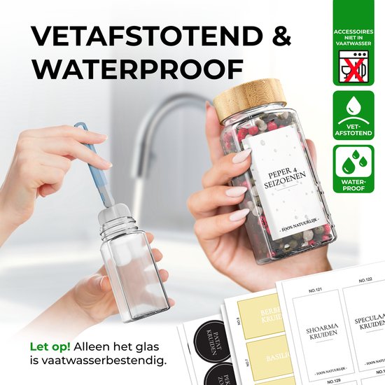 Soothe 48 pots à épices carrés en verre avec couvercle en bambou - 2 types de couvercles à saupoudrer - Spice Spreader - pots à épices - Set complet avec stickers à épices, stick à craie et accessoires - 120ml