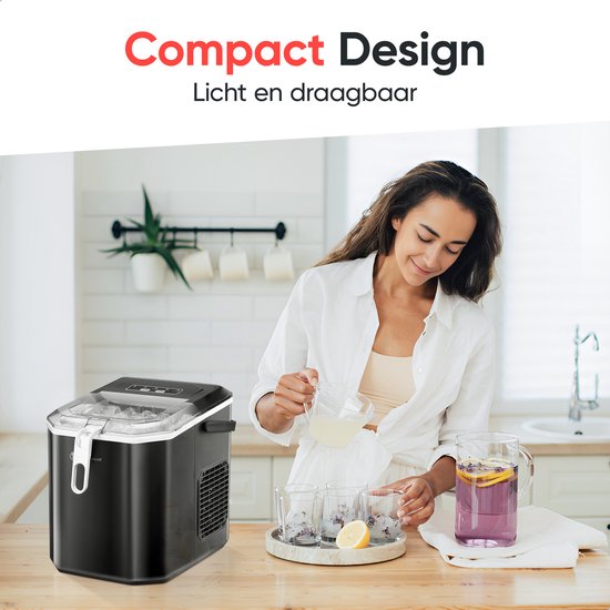 Kitchenwell Machine à glaçons - 1.3L - Machine à glaçons avec cuillère à glace - 12kg/24 heures - Fonction auto-nettoyante - Portable - Noir