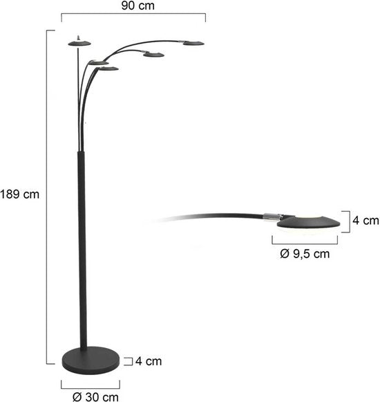 Lampadaire Synna 1327ST - Lampe à arc LED orientable et dimmable en acier et verre, Design moderne, Mexlite, avec 5 sources lumineuses (4,5W) et cordon de 235 cm