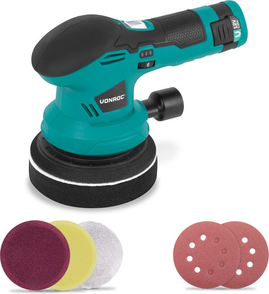 VONROC Polisseuse 12V - Ø 125mm - double action - 2-en-1 : polissage et ponçage - Batterie, câble usb-c, 4 disques de polissage et papier de verre inclus