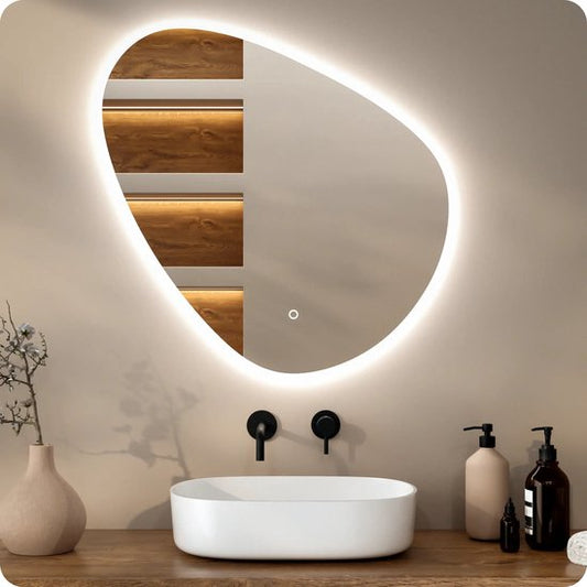 Mirlux Miroir de salle de bain avec éclairage LED et chauffage - Miroir mural asymétrique - Miroir de douche anti-condensation - 80CM
