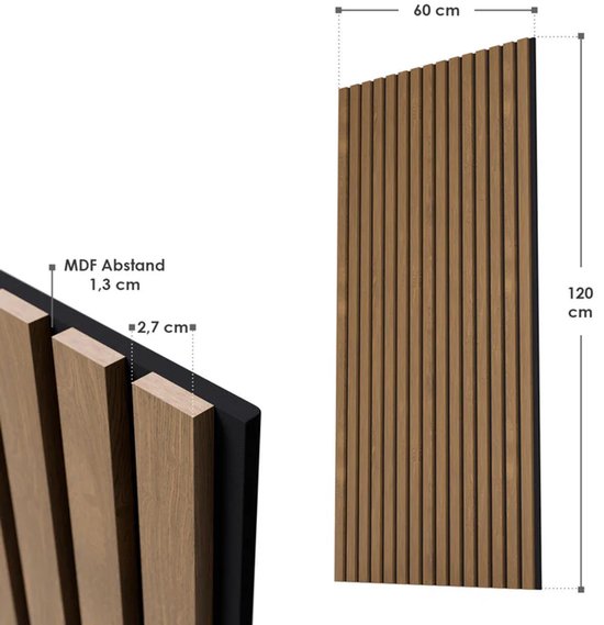 Panneaux muraux acoustiques - Lot de 4 - MDF et mousse PET insonorisants - Naturel foncé - 120 x 60 x 1.8 cm