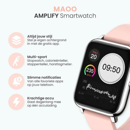 MAOO AMPLIFY Smartwatch - Protection d'écran incluse - Fréquence cardiaque, pression artérielle, saturation sanguine, sommeil, distance - Podomètre - Smartwatch femmes - Montre - Cadeau de Noël - Rose