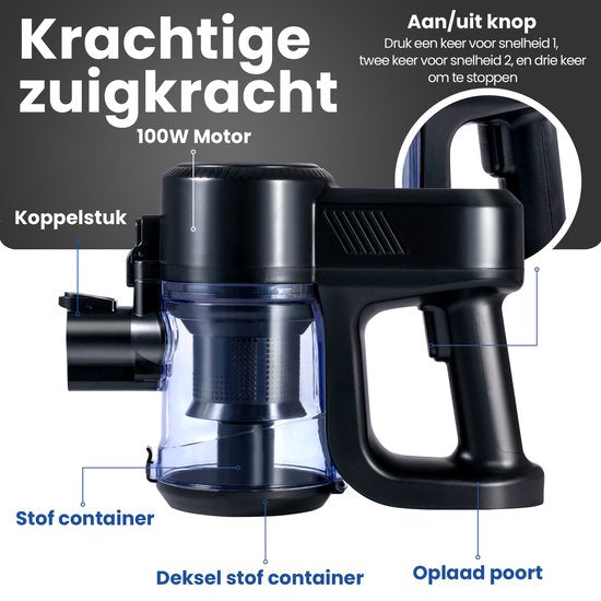 Aspirateur à manche - Saaf G80 - 100W - Fonction serpillière - Manche pliable - 8 pièces - Aspirateur sans sac - Sans fil - Noir