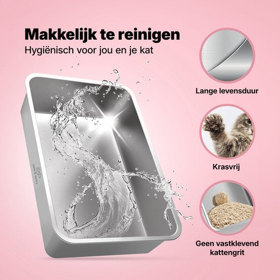 Bac à litière en acier inoxydable Jake and Jacky - Toilette pour chat en acier inoxydable - avec pelle à litière et support et marche de ramassage des gravillons - bac à litière ouvert 2 en 1 avec couvercle amovible - 60x40x38cm