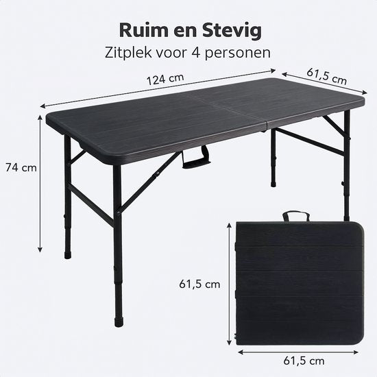 LifeGoods Table pliante - 124x61.5 cm - Table pliante robuste - Résiste aux intempéries - Table de salle à manger pliante - Table de camping - Table pliante pour l'intérieur et l'extérieur - Grain de bois noir