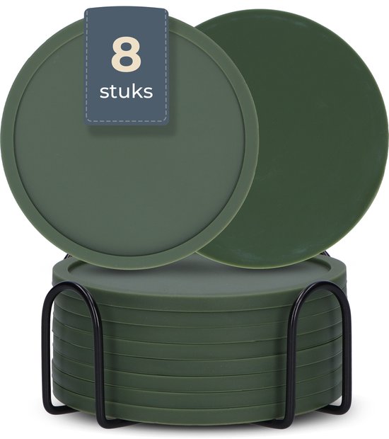 Castagnola Sous-verres en silicone - Sous-verres pour verres - Sous-verres design avec support - Set de sous-verres - Antidérapant - Lot de 8 - Vert