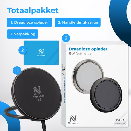 Nuvance Wireless Charger - Chargeur rapide 15W - Convient à Magsafe - Chargeur sans fil - Câble Usb-C inclus - Noir
