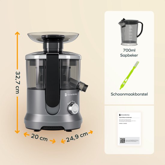 KitchenBrothers Extracteur de jus - Pour légumes et fruits - Extracteur de jus - Avec récipient à pulpe - 500ml - 600W - Argent/Gris