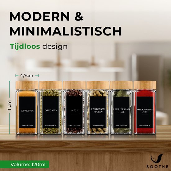 Soothe 36 pots à épices carrés en verre avec couvercle en bambou - 2 types de couvercles à saupoudrer - Spice Spreader - pots à épices - Set complet avec stickers à épices, stick à craie et accessoires - 120ml