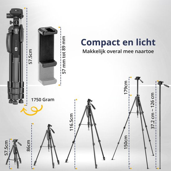 Studio ME Phone Tripod - 179 cm - Camera Tripod - Black - Monopod - Tripod Smartphone - Phone Holder - Tripod Iphone - Tripod Phone / Camera / DSLR