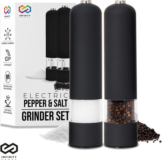 Infinity Goods Moulin à poivre et à sel électrique - Moulin à poivre - Moulin à sel - Moulin à épices - Noir