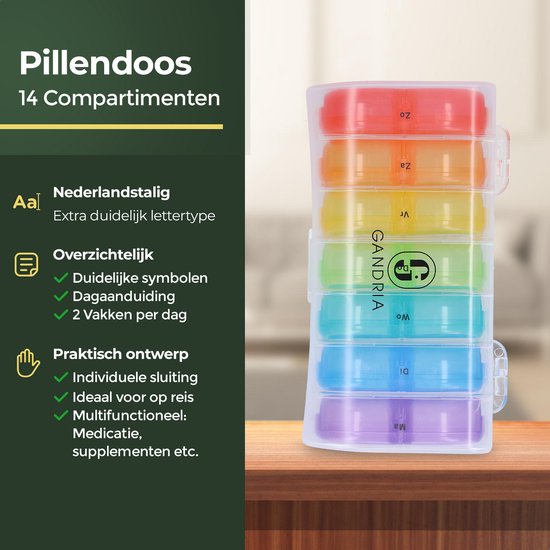 Pilulier Gandria 7 jours - Pilulier amovible - Boîte à pharmacie avec 14 compartiments - Boîte à pharmacie avec fermeture solide - 2 compartiments par jour - 7 couleurs