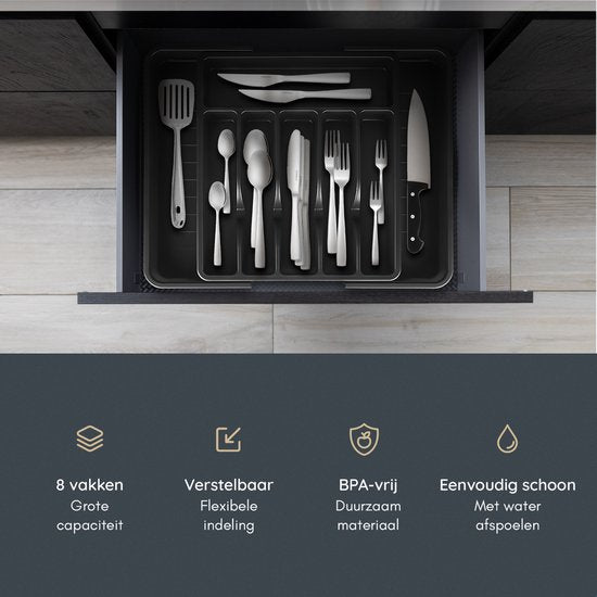 Deleca Range-couverts coulissant avec 8 compartiments - Range-couverts pour tiroir - Range-couverts pour tiroir de cuisine - Porte-couverts pour la cuisine - 57 x 38 cm - Plastique / Noir