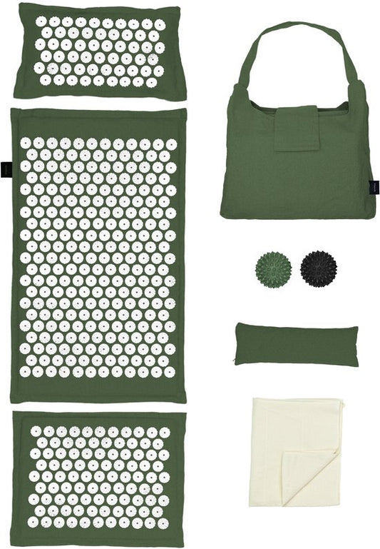 LifeGoods Acupressure Mat Eco - Set complet - oreiller / sac de transport / 2x Trigger Point Ball - Shakti mat - Nail Mat - 72x43x2cm - Vert/Blanc