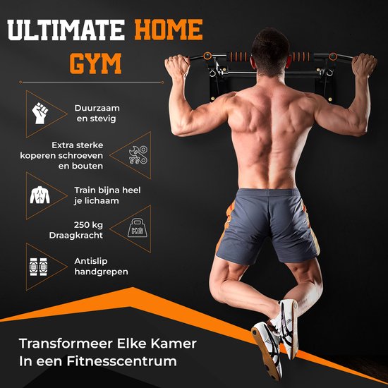 TTD® Premium Pull Up Bar - Pull Up Station - Wall Mounted Pull Up Bar - Dip Station - Dip Bars - Home Sports - Home Fitness - Premium materials - Extra Sturdy up to 250KG - Includes mounting parts - Home workout - Black/Orange