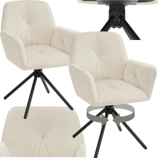 tectake® Chaise pivotante Lenia - Lot de 2 chaises pivotantes avec accoudoir - Chaise de salle à manger pivotante - Fauteuils pivotants - Tapissé - Velours aspect crème/noir