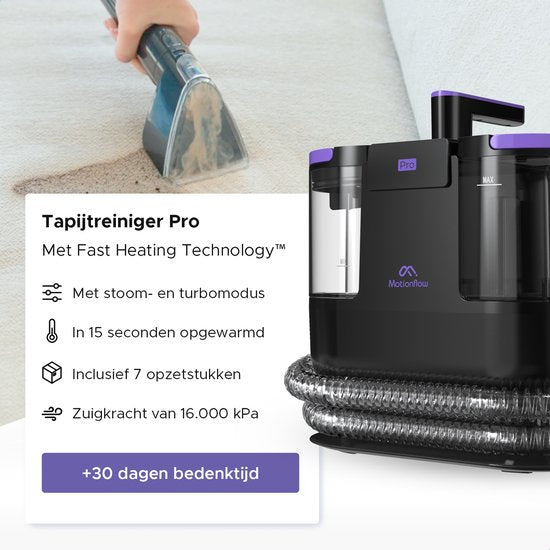 Motionflow Carpet Cleaner PRO - Nettoyage en profondeur avec fonction vapeur jusqu'à 100°C - Puissant nettoyeur de taches 1700W - Nettoyage à la vapeur pour sol, canapé, salle de bain et tapis - Nettoyeur à vapeur et nettoyeur de siège - Produit nettoyant