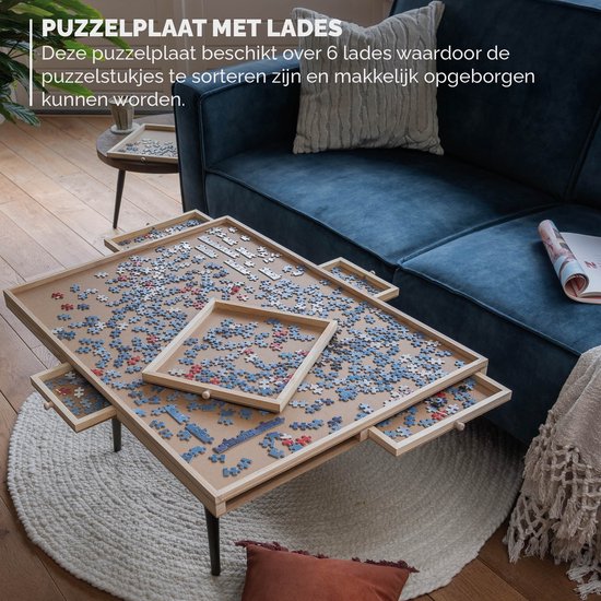 BR-2217 Plateau de puzzle pour 1500 pièces de puzzle avec 6 tiroirs - Plateau de puzzle avec système de rangement -- Tapis de puzzle en bois - Table de puzzle avec plaque de recouvrement