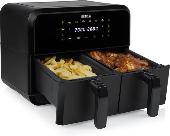 Princess Double Basket Airfryer 182068 - Double Airfryer - 8 litres - 2 paniers - XXL - 8 programmes - 2400W - Double friteuse à air chaud - Ecran tactile - Noir - 80°C à 220°C - Fonction Sync