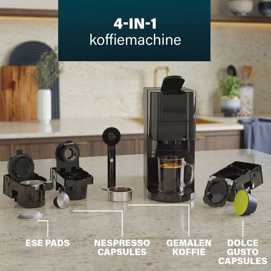 Princess 249454 Machine à café multi-capsules - 4 en 1 - Convient aux capsules Nespresso - Dolce Gusto - Noir / Argent