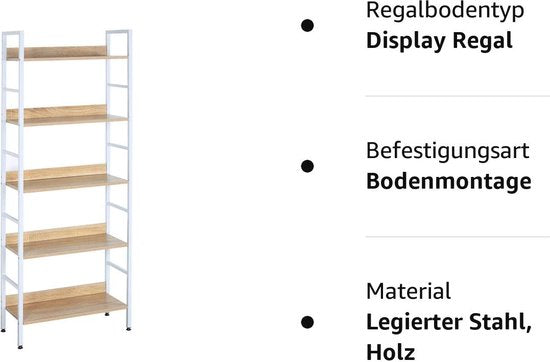 Rootz Standregal Hochregal - Rayonnage - Bibliothèque - Etagère de rangement - Présentoir - Organisateur - Etagère à étages - Blanc + chêne clair - 60x27.5x160 cm