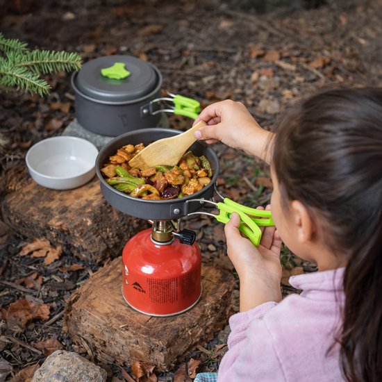 Travelhawk Batterie de cuisine de camping - Batterie de casseroles - Aluminium - 8 pièces - Batterie de casseroles de camping - Comprend une éponge, une spatule, une cuillère, des bols et un sac de transport pratique.