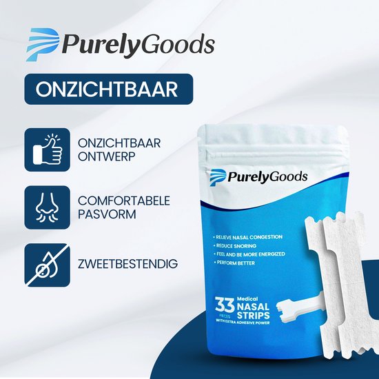 PurelyGoods® Bandelettes nasales - 33 pièces - Pansements nasaux anti-ronflement - Respirer - Ecarteur nasal - Droit - Bandelettes nasales - Adhésif puissant