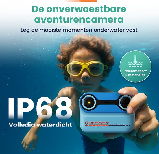 ODESSEY Caméra étanche pour enfants - avec trépied - Full HD - Caméra selfie - Carte SD 32 Go - Photo - Vidéo - Jeux - Caméra numérique pour enfants - Caméra photo pour enfants - Bleu