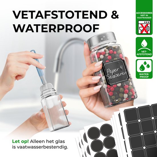 Soothe 36 pots à épices carrés en verre avec couvercle en acier inoxydable - 2 types de couvercles à saupoudrer - Spice Spreader - pots à épices - Set complet avec stickers à épices, stick à craie et accessoires - 120ml