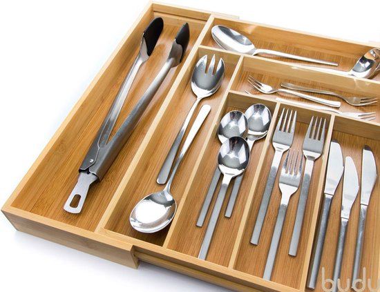 Budu Range-couverts extensible en bambou #43 (43 cm de profondeur) - Cassette à couverts en bois - Tiroir à couverts - 43 x 32.2 - 53 cm - 6/8 compartiments