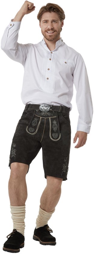 dressforfun - Authentique Lederhosen courte Jannis - Avec ceinture et bretelles - Cuir véritable - Noir - 50 - Oktoberfest Dress Man - Costume d'homme - Dress Up - Costume allemand - Robe de carnaval - Gilet de costume - Pantalon traditionnel en cuir