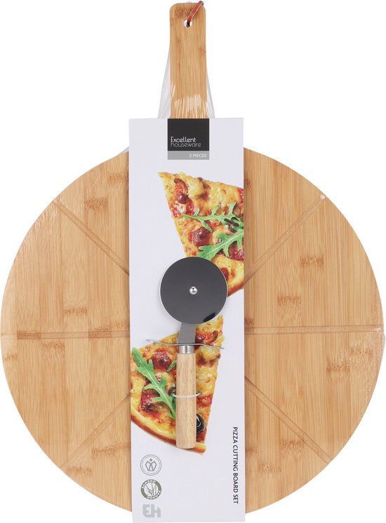 Excellent Houseware Planche à pizza avec coupe-pizza - bambou - 38 cm - double face - planche à pizza