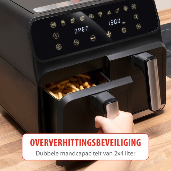alpina Double Airfryer XL 8L - Friteuse à air chaud pour 4 à 8 personnes - Capacité 2x4L - Affichage digital - Friteuse à air 1700 W - Fonction Sync Finish - Noir