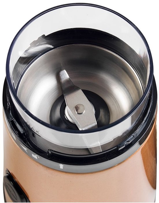 Bestron ACG1000CO Moulin à café électrique - 150W - Couteaux en acier inoxydable - Capacité de 50g - Couleur cuivre - Pour grains de café et épices - Garantie 5 ans