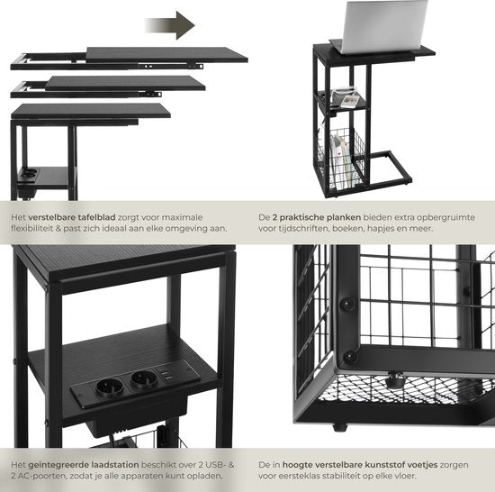 tectake® Table pour ordinateur portable avec station de charge - Prise de courant incluse - Table pour ordinateur en forme de C - Table d'appoint - Table de chevet - Avec porte-journaux et étagère supplémentaire - Noir