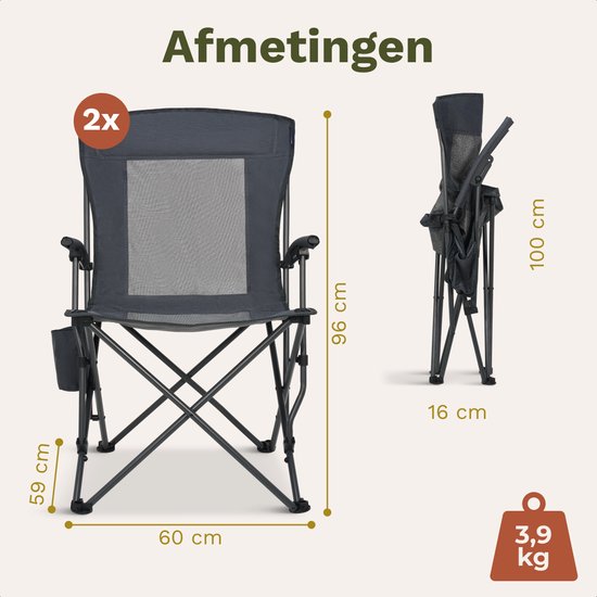 TRVLMORE Chaises de camping - pliables - 2-Pack - Capacité de charge 120KG - Sac de transport inclus - Chaise pliante - Chaise de pêche - Chaise de camping - Chaise pliante - Gris