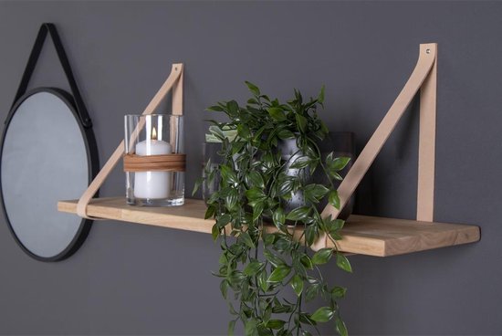Etagère murale en bois vierge avec cuir 80x20cm