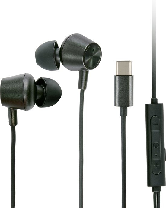 Grundig Earbuds with wire USB C - In-Ear Earbuds with Wire 120cm - Earbuds with Microphone - Adapté à iPhone, Samsung et Tablet - Active Noise Cancellation - Black