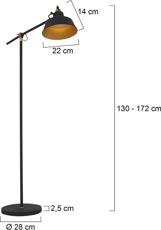 Lampadaire noir Nove 1322ZW - Lampe industrielle pivotante et inclinable avec détails dorés, prise E27, métal et plastique - Mexlite