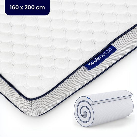 SoulSnooze® - DuoComfort Premium Topper - 160 x 200 x 7 cm & Design double face - Equipé d'une housse en bambou et d'une couche antidérapante - Pour le soutien du dos et le soulagement de la pression - Mousse à mémoire de forme blanche et mousse hybride