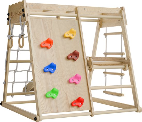 Juskys - Cadre d'escalade d'intérieur pour enfants - 102 x 98 x 100 cm & avec toboggan et mur d'escalade - équipé d'anneaux tournants et d'une échelle de corde - pliable et autoportant - bois naturel et fourré
