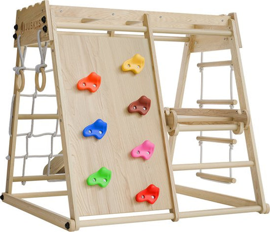 Juskys - Cadre d'escalade d'intérieur pour enfants - 102 x 98 x 100 cm & avec toboggan et mur d'escalade - équipé d'anneaux tournants et d'une échelle de corde - pliable et autoportant - bois naturel et fourré