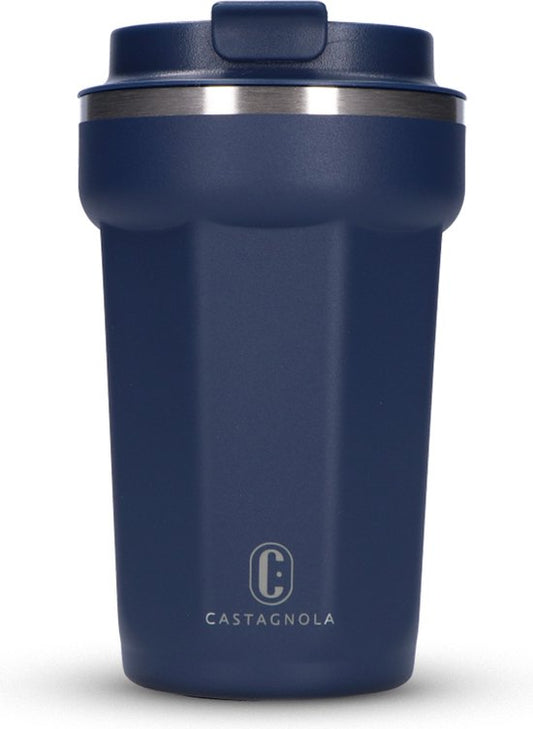 Mug thermos Castagnola - Tasse à café à emporter - Mug de voyage pour le café et le thé - Mug à thé - 380 ML - Acier inoxydable - Bleu foncé - Octogone