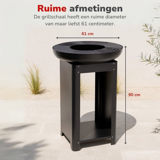 alpina 3-in-1 Fire Pit and Griddle - Foyer de jardin 61 x 90 cm - avec gril Teppanyaki - Plancha BBQ avec rangement pour le bois de chauffage - Foyer d'extérieur - Métal