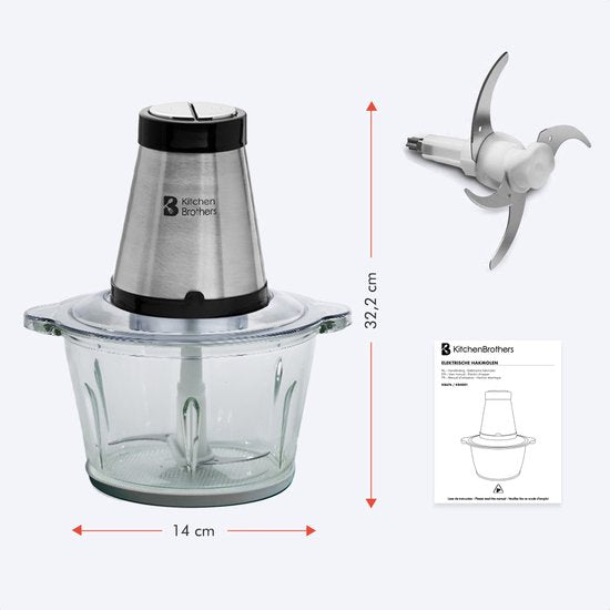 KitchenBrothers Chopper - Hachoir électrique - 2 vitesses - 300W - 1.8L - Bol en verre