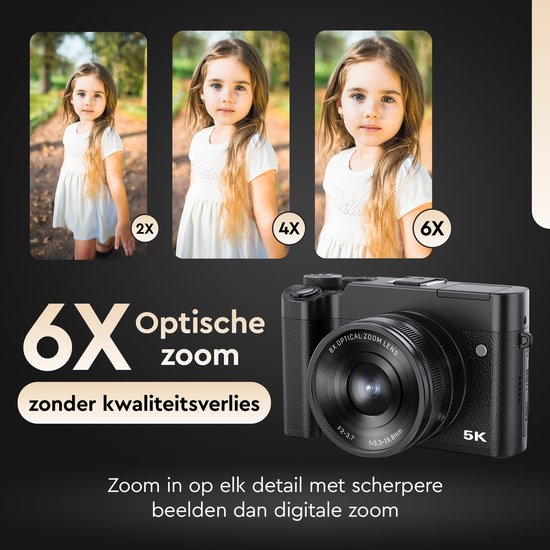 K&L Appareil photo numérique 5K - 64MP - Zoom optique 6X - Appareil photo - Caméra compacte - Caméra Vlog - Idéal pour les débutants - 64GB inclus - NL Software