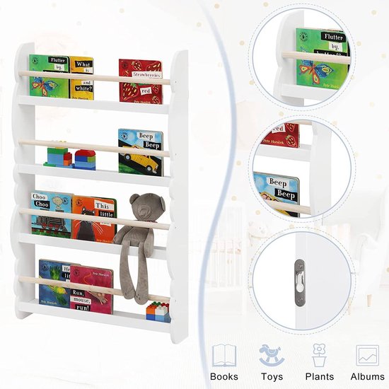 Support mural de livres pour enfants Woltu 98x60x14,5 cm Vert ou blanc avec aspect chêne - Support de rangement Montessori pour chambre d'enfant
