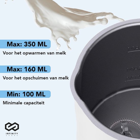 Infinity Goods Mousseur à lait électrique 4 en 1 - 350 ml - Mousse et chauffe - Cappuccino - Lavable au lave-vaisselle - Blanc
